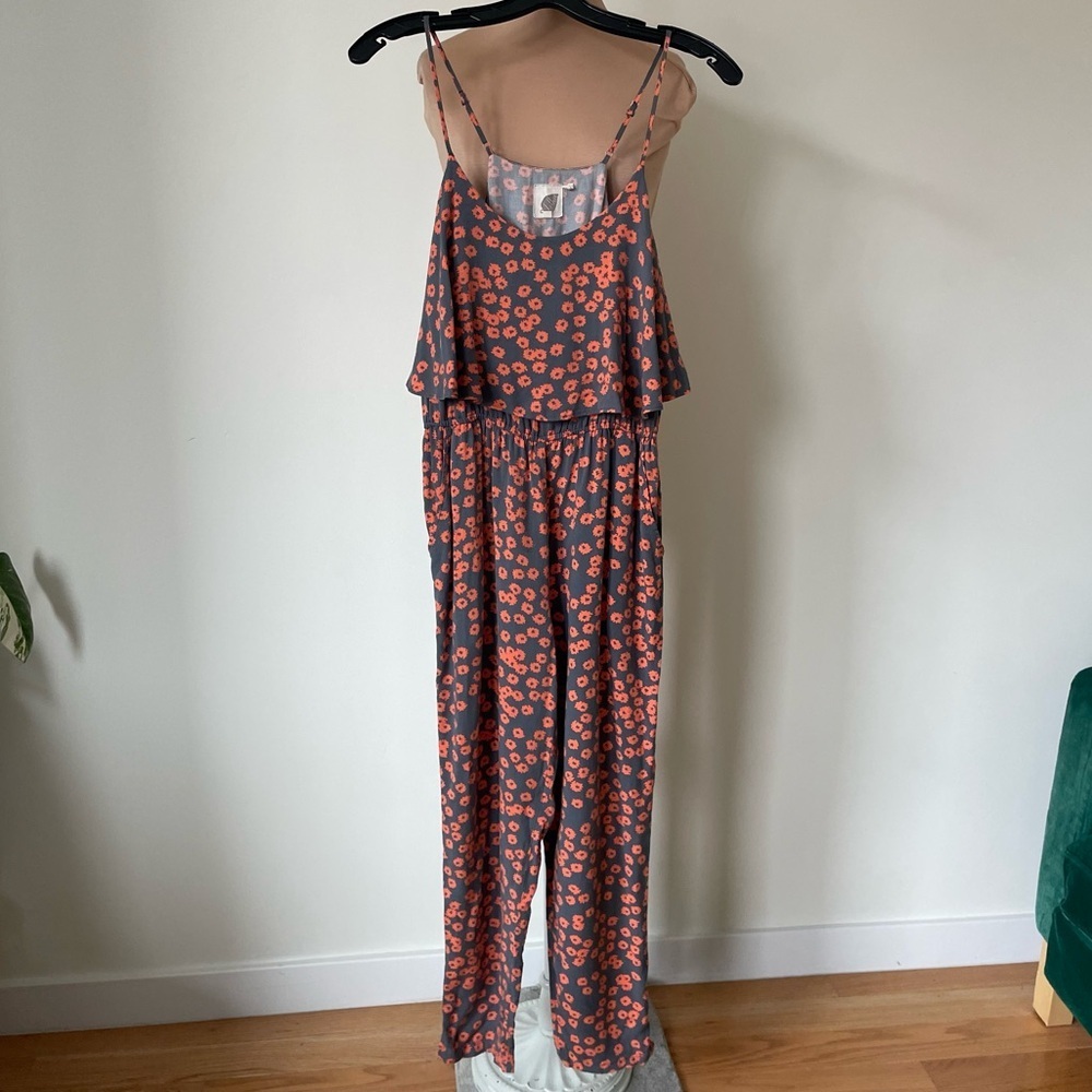 Anthropologie Lilka Curieuse Orange Gray Floral Pockets Pull On Jumpsuit Sz XSP - Picture 2 of 9